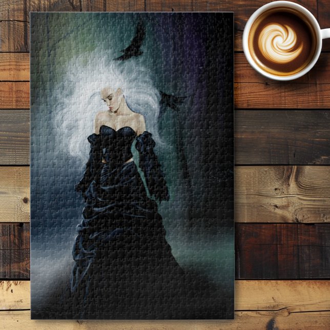 Elegant Black Gothic Mysterious Woman Ravens Mist Jigsaw Puzzle (Creator Uploaded)