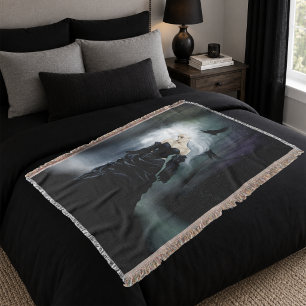 Elegant Black Gothic Mysterious Woman Ravens Mist Throw Blanket