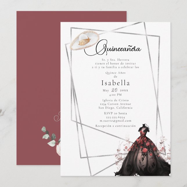 Elegant Black Gown Quinceanera Invitation (Front/Back)