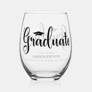 Elegant Black Graduate Name Graduation  Stemless Wine Glass
