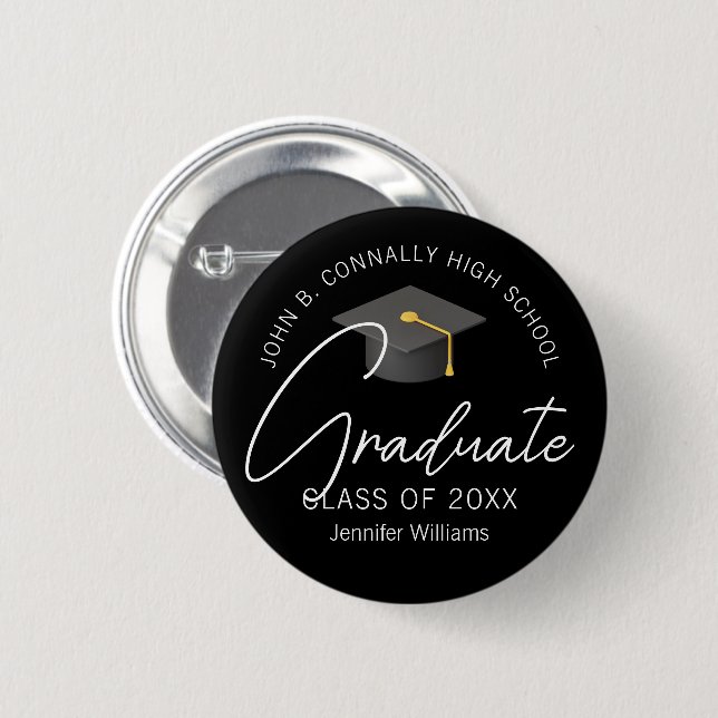 Elegant Black Graduate Personalized Graduation Button (Front & Back)