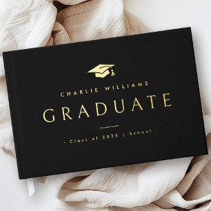 Elegant black graduation cap graduate name real foil guest book