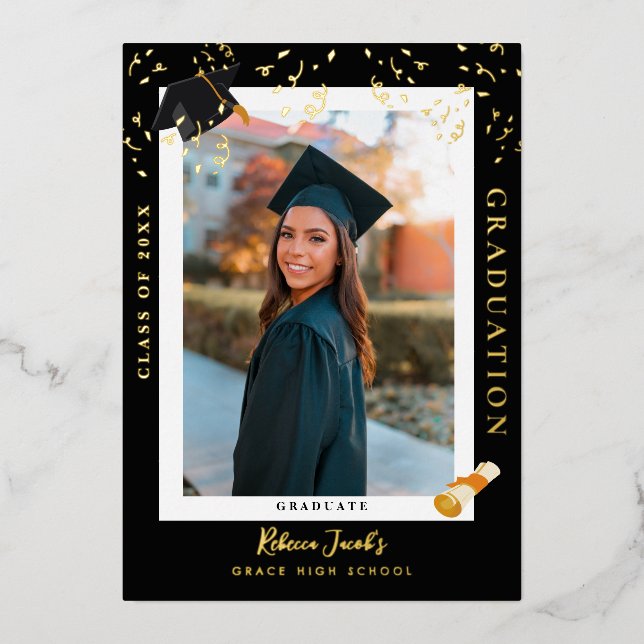 Elegant Black Graduation Photo Annoucment Foil Invitation (Front)