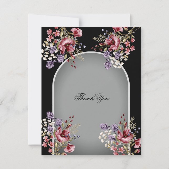 Elegant Black Gray Beautiful Floral Thank You Card (Front)
