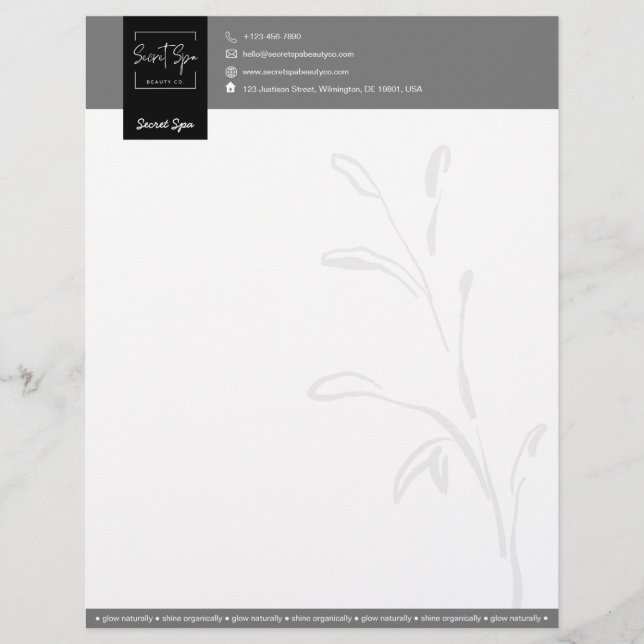 Elegant Black & Gray Botanical Beauty Spa Modern Letterhead (Front)