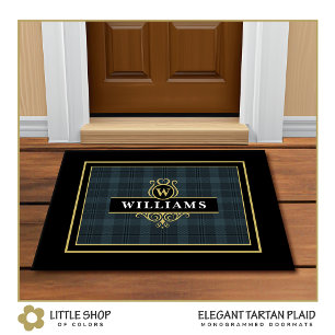 Elegant Black Gray Customizable Windowpane Plaid Doormat