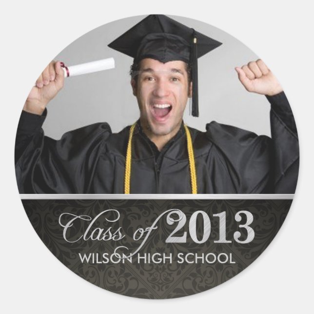 Elegant black & gray damask Class of 2013 Classic Round Sticker (Front)