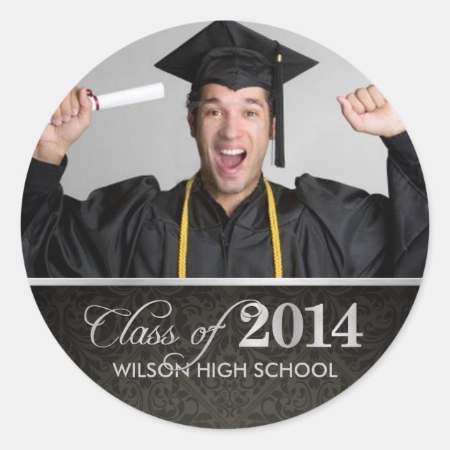 Elegant black & gray damask Class of 2014 Classic Round Sticker (Front)