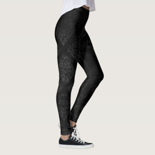 Elegant Black Gray Damask Pattern Print Leggings