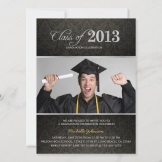 Elegant Black & Gray Damask with Silver Graduation Invitation