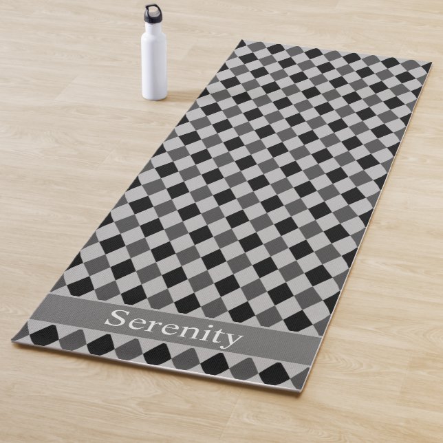 Elegant Black Gray Diamond Pattern & Text Yoga Mat (In Situ)