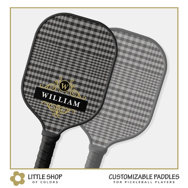 Elegant Black Gray Glen Plaid Gold Monogram Pickleball Paddle (Creator Uploaded)
