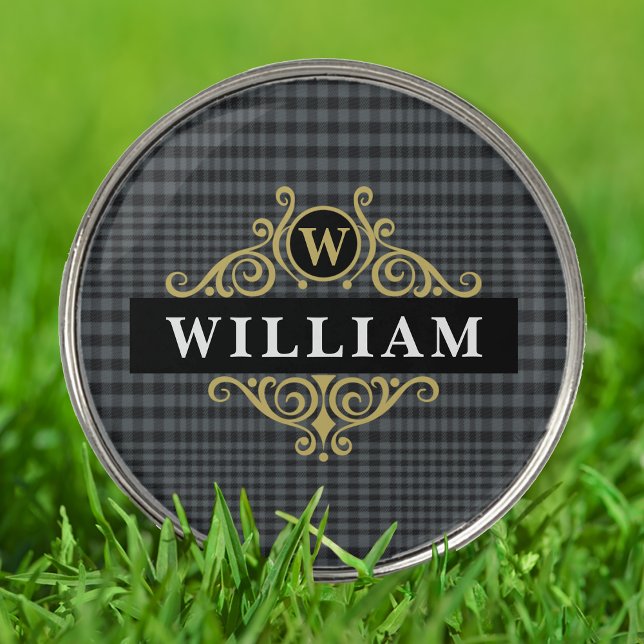 Elegant Black Gray Glen Plaid Monogram Golf Ball Marker (Creator Uploaded)