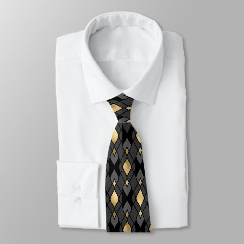 Elegant Black Gray Gold Art Deco Diamond Design Neck Tie
