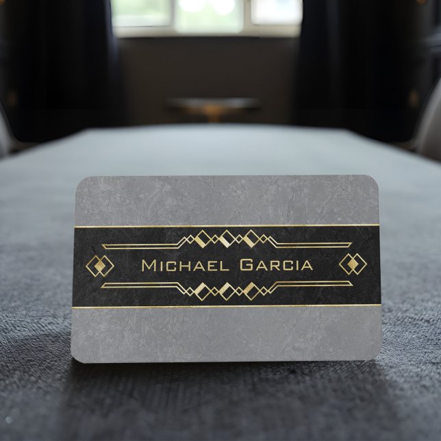 Elegant Black Gray Gold Art Deco Legal, Financial  Business Card (Sophisticated black and gray business cards with gold Art Deco accents, elegant and professional.)