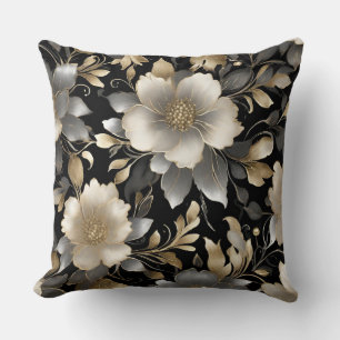 Elegant Black Gray Gold Cream Dark Floral Print Throw Pillow