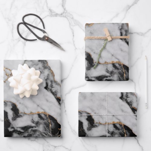 Elegant Black Gray Gold Marble Wrapping Paper Sheets