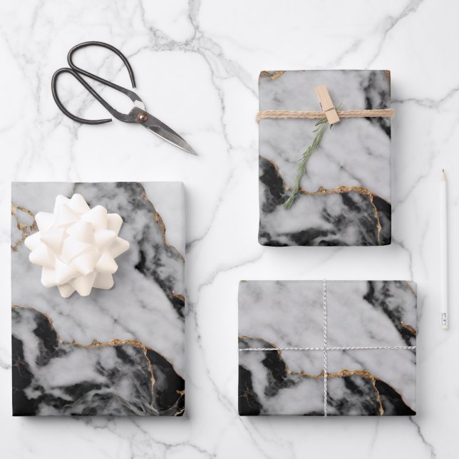 Elegant Black Gray Gold Marble Wrapping Paper Sheets (Front)