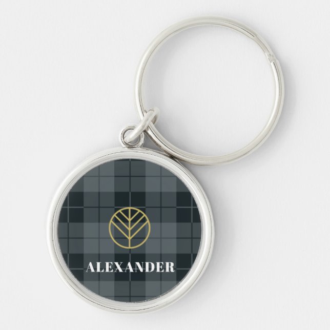Elegant Black Gray Gold Monogram Tartan Plaid Keychain (Front)