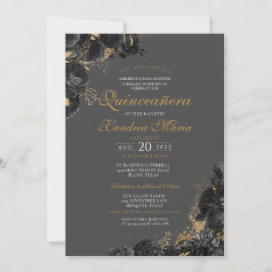 Elegant Black Gray Gold Rose Floral Quinceanera Invitation