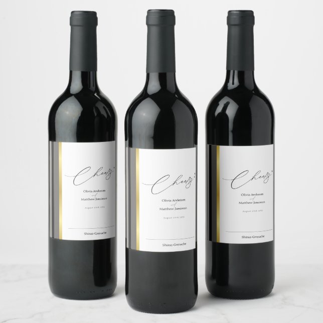 Elegant Black Gray Gold Stripe Cheers Wine Label (Bottles)