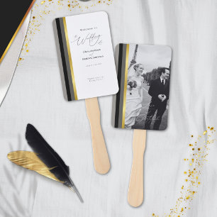 Elegant Black Gray Gold Stripe Photo Wedding Hand Fan