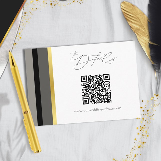 Elegant Black Gray Gold Stripe QR Code Wedding  Enclosure Card (Creator Uploaded)