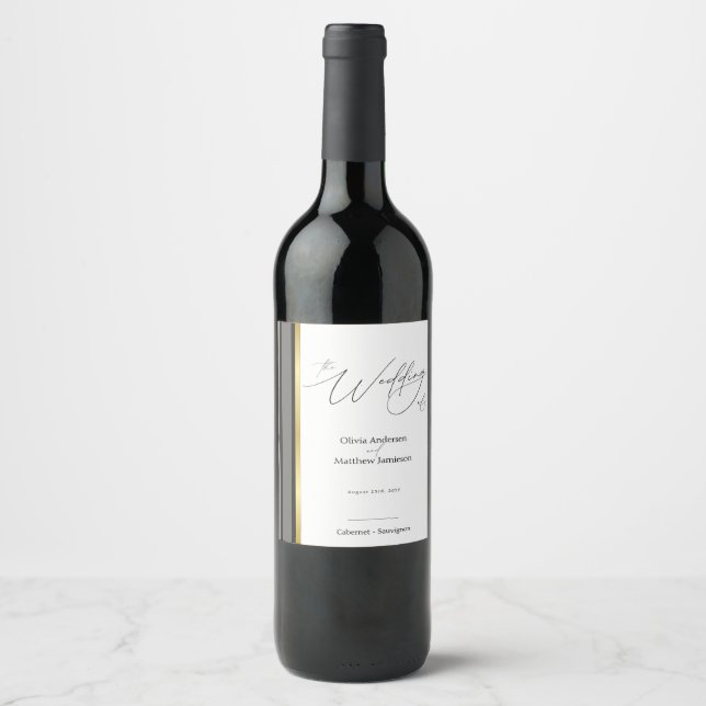 Elegant Black Gray Gold Stripe Script Wine Label (Front)