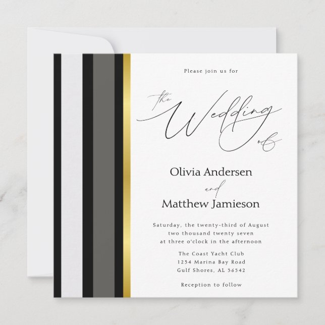 Elegant Black Gray Gold Stripe Square Wedding Invitation (Front)