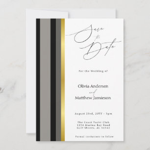 Elegant Black Gray Gold Stripe Typography Photo Save The Date