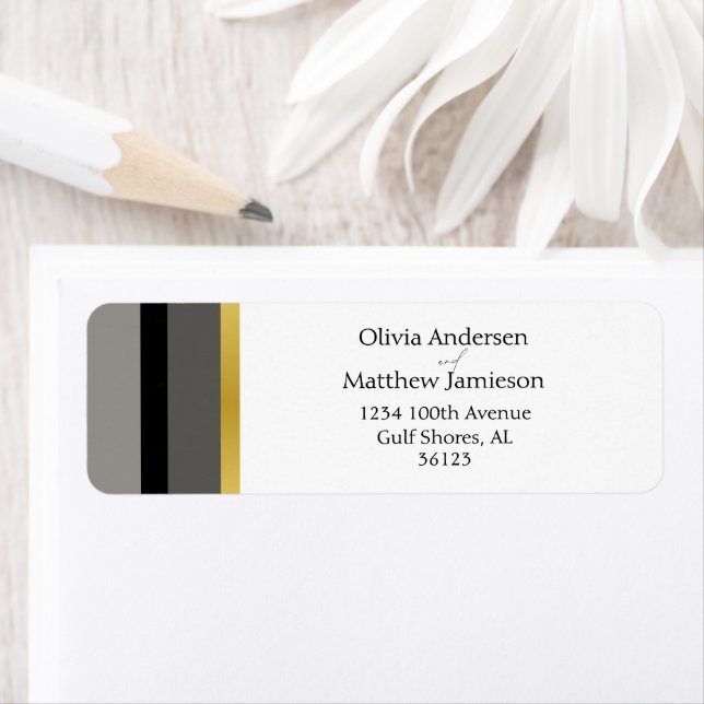 Elegant Black Gray Gold Stripe Wedding Address Label (Insitu)