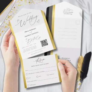 Elegant Black Gray Gold Stripe Wedding All In One Invitation
