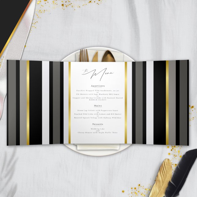 Elegant Black Gray Gold Stripe Wedding Folded Menu (Creator Uploaded)