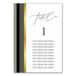 Elegant Black Gray Gold Stripe Wedding Guest List Table Number