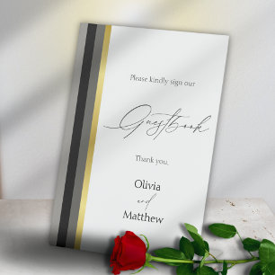Elegant Black Gray Gold Stripe Wedding Guestbook Pedestal Sign