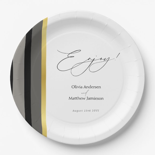 Elegant Black Gray Gold Stripe Wedding Paper Plates (Front)