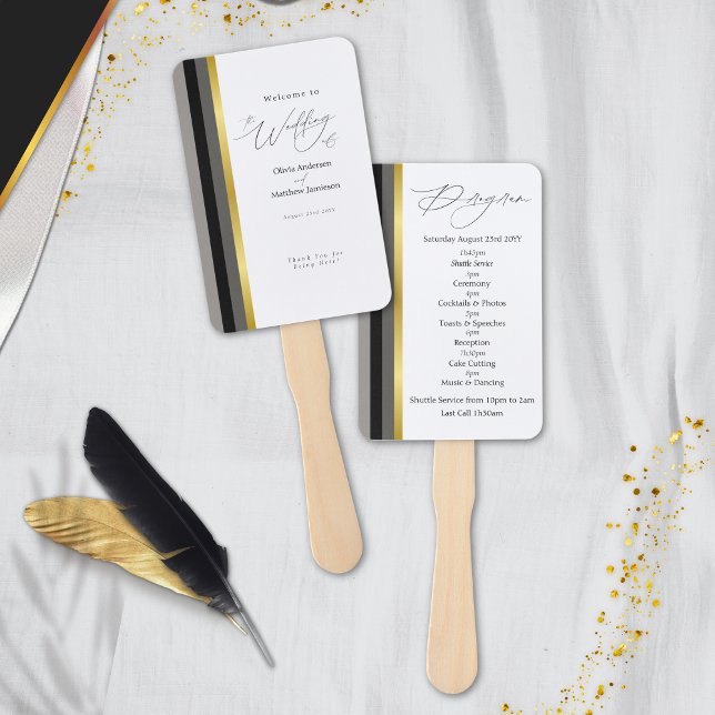 Elegant Black Gray Gold Stripe Wedding Program Hand Fan (Creator Uploaded)