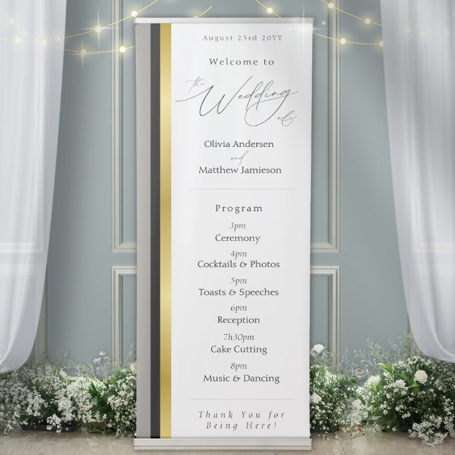 Elegant Black Gray Gold Stripe Wedding Program Retractable Banner (Creator Uploaded)