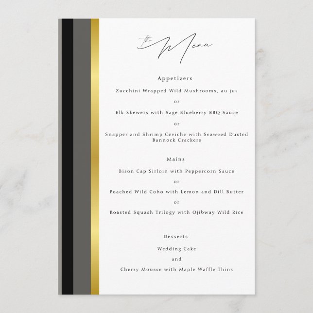 Elegant Black Gray Gold Stripe Wedding Reception Menu (Front)