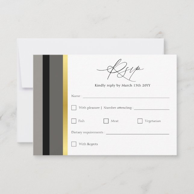 Elegant Black Gray Gold Stripe Wedding RSVP Card (Front)
