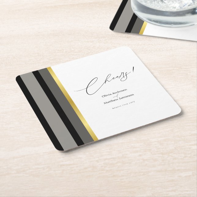 Elegant Black Gray Gold Stripe Wedding Square Paper Coaster (Angled)