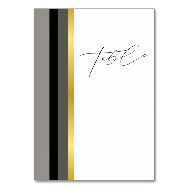 Elegant Black Gray Gold Stripe Wedding Table Number (Front)