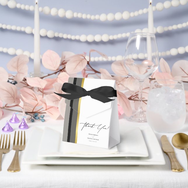 Elegant Black Gray Gold Stripes Typography Wedding Favor Boxes (Wedding)