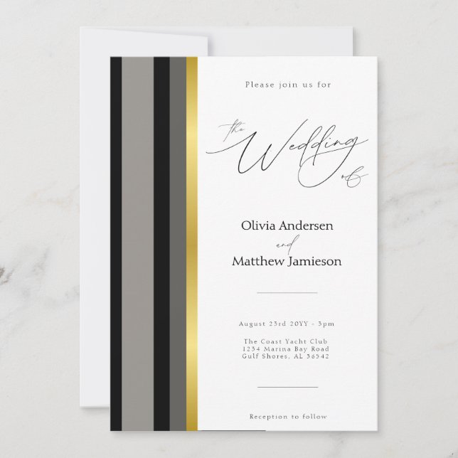 Elegant Black Gray Gold Stripes Typography Wedding Invitation (Front)