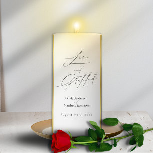 Elegant Black Gray Gold Stripes Typography Wedding Pillar Candle