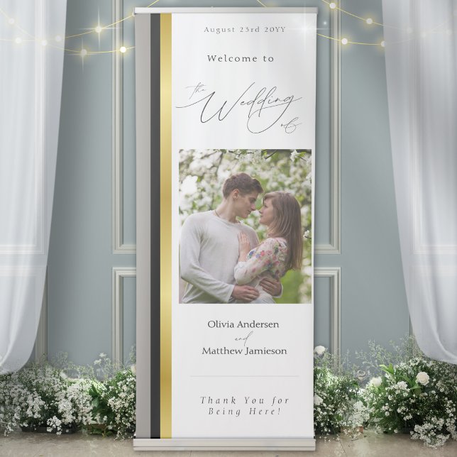 Elegant Black Gray Gold Stripes Typography Wedding Retractable Banner (Creator Uploaded)