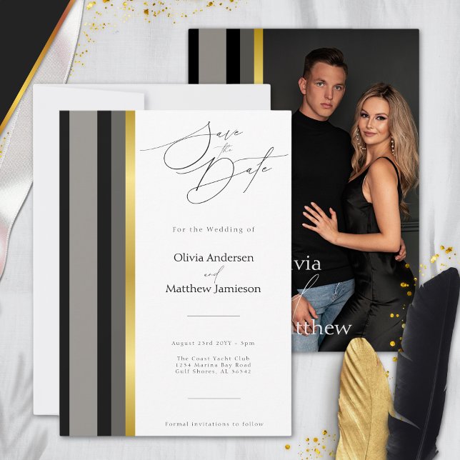 Elegant Black Gray Gold Stripes Typography Wedding Save The Date (Creator Uploaded)