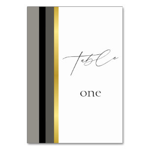 Elegant Black Gray Gold Stripes Typography Wedding Table Number