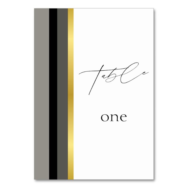 Elegant Black Gray Gold Stripes Typography Wedding Table Number (Front)