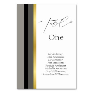 Elegant Black Gray Gold Stripes Typography Wedding Table Number
